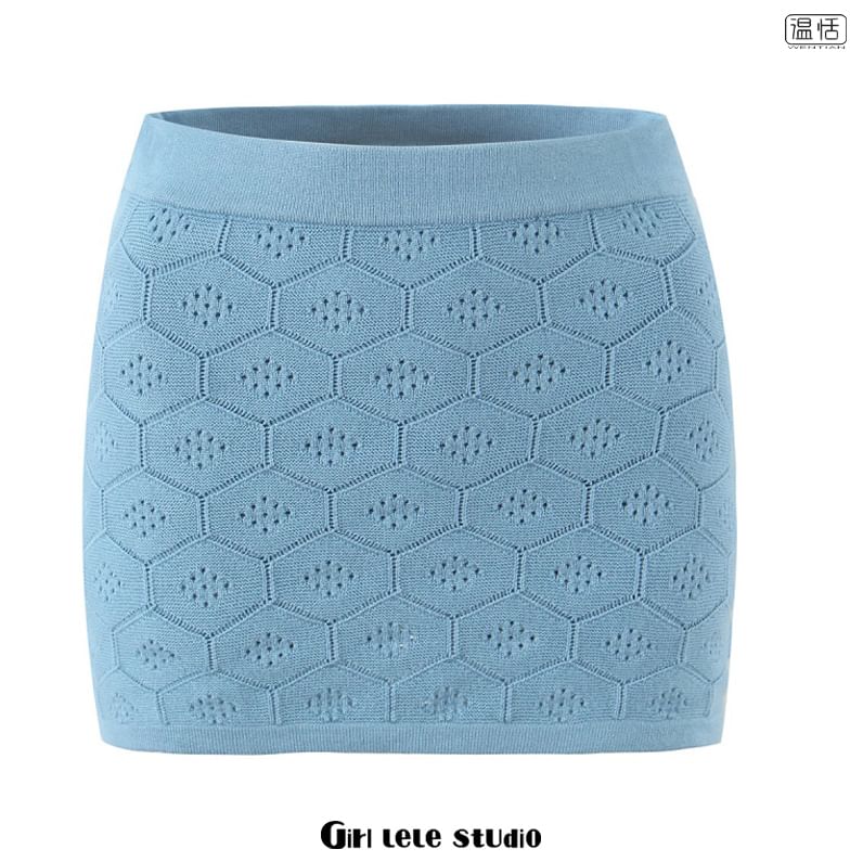Long-Sleeve Scoop Neck Henley Pointelle Knit Top with Mini Skirt