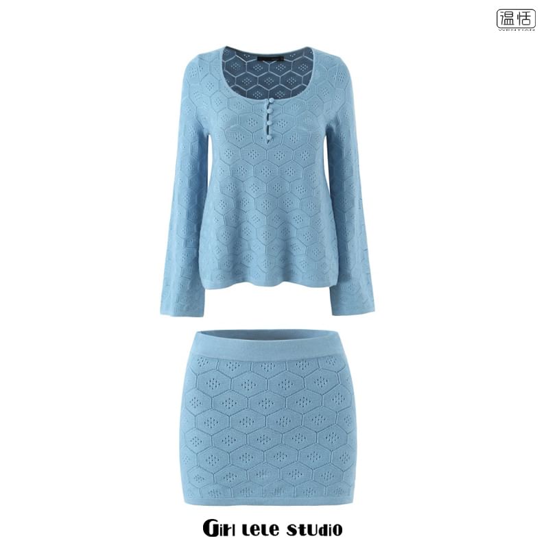 Long-Sleeve Scoop Neck Henley Pointelle Knit Top with Mini Skirt