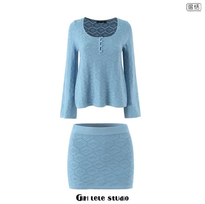 Long-Sleeve Scoop Neck Henley Pointelle Knit Top with Mini Skirt