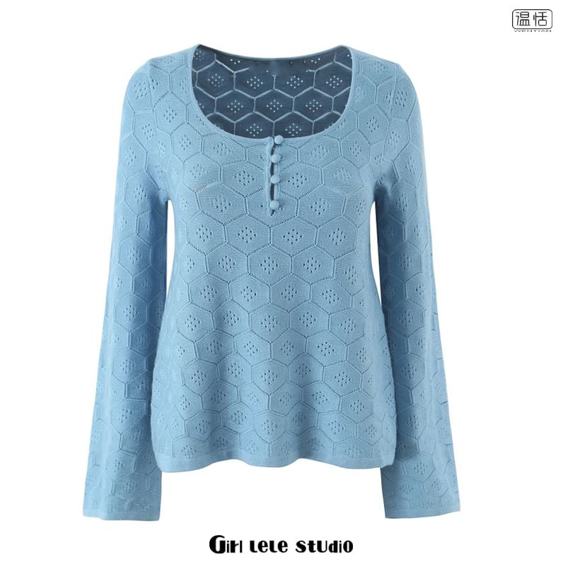 Long-Sleeve Scoop Neck Henley Pointelle Knit Top with Mini Skirt