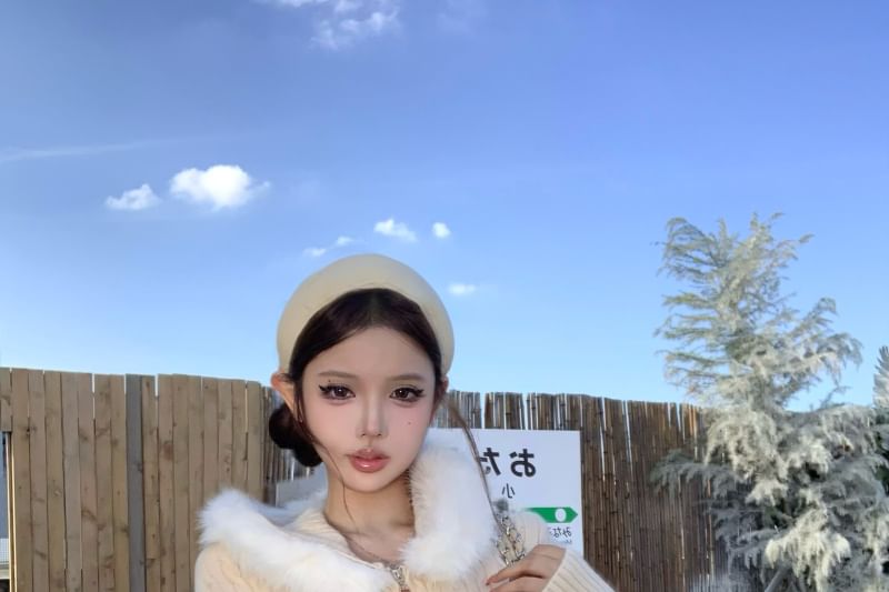 Fluffy Hooded Plain Zip Cardigan