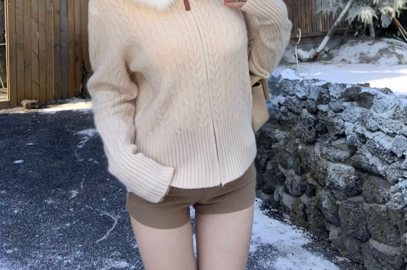 Fluffy Hooded Plain Zip Cardigan