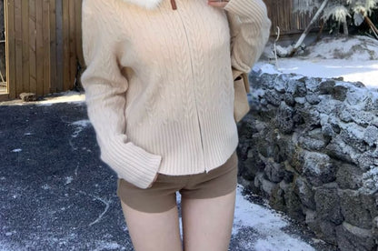 Fluffy Hooded Plain Zip Cardigan