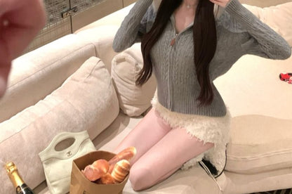 Fluffy Hooded Plain Zip Cardigan