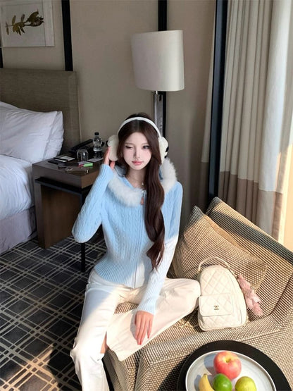 Fluffy Hooded Plain Zip Cardigan