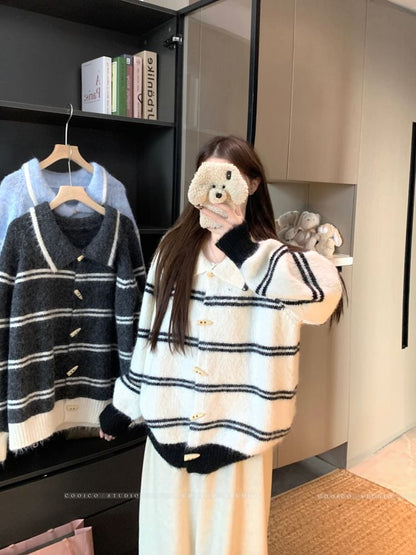 Collared Striped Toggle Cardigan