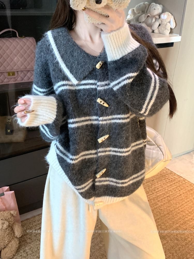 Collared Striped Toggle Cardigan