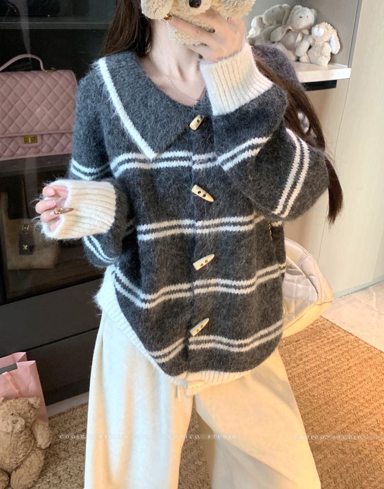 Collared Striped Toggle Cardigan