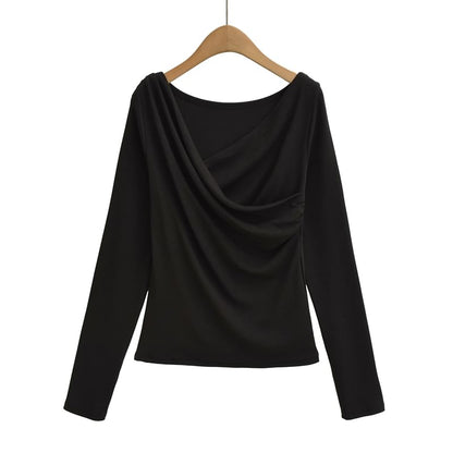 Ruched Long-Sleeve Solid Casual T-Shirt