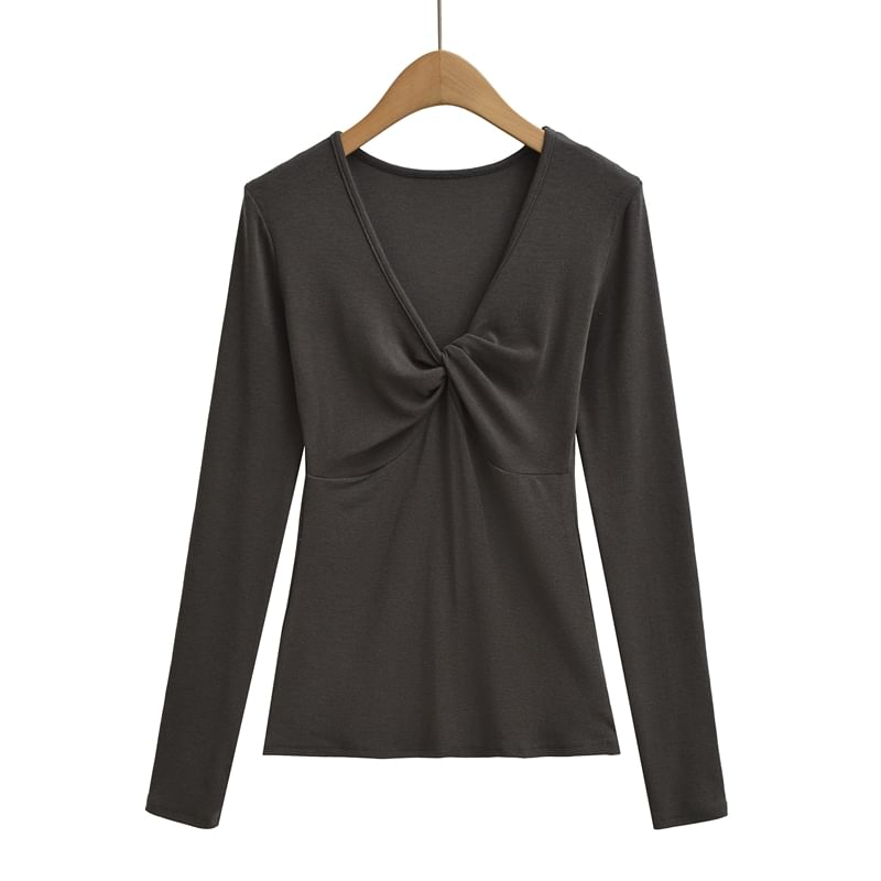 Ruched V-Neck Long-Sleeve Solid T-Shirt