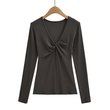 Ruched V-Neck Long-Sleeve Solid T-Shirt