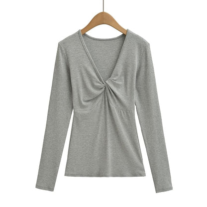 Ruched V-Neck Long-Sleeve Solid T-Shirt