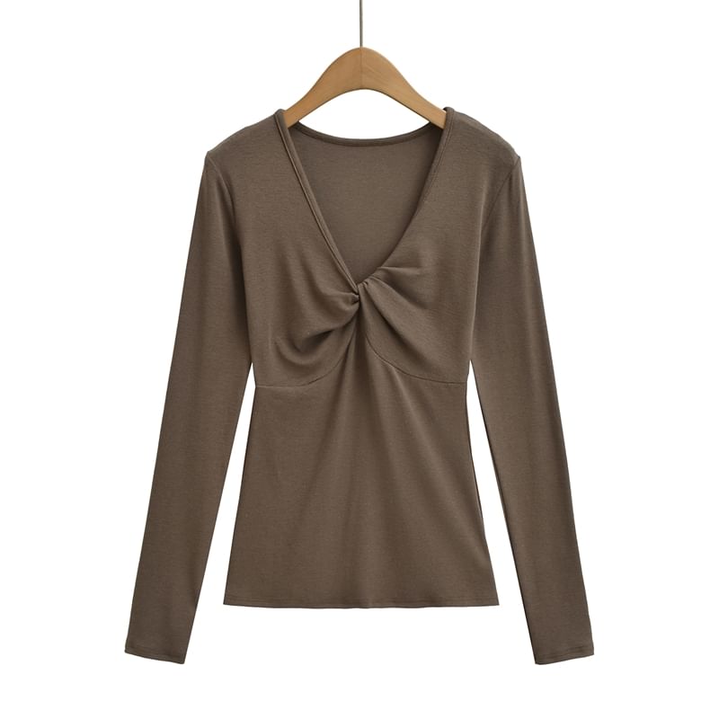 Ruched V-Neck Long-Sleeve Solid T-Shirt