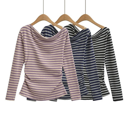 One-Shoulder Striped Long-Sleeve Tee