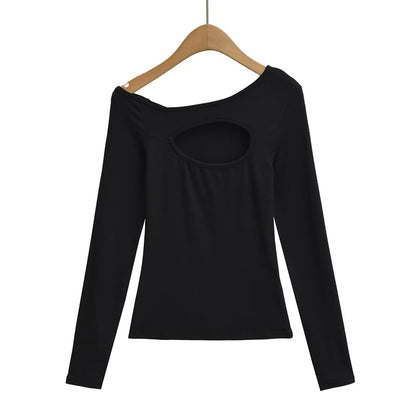 One-Shoulder Cutout Long Sleeve Plain Tee Shirt