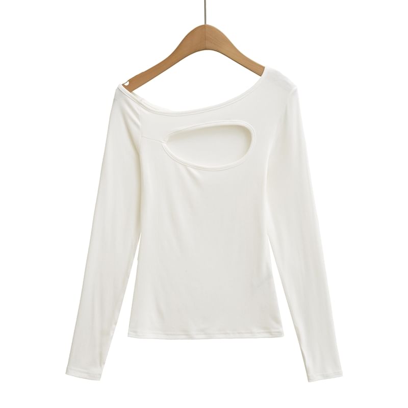 One-Shoulder Cutout Long Sleeve Plain Tee Shirt