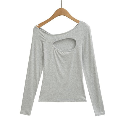 One-Shoulder Cutout Long Sleeve Plain Tee Shirt
