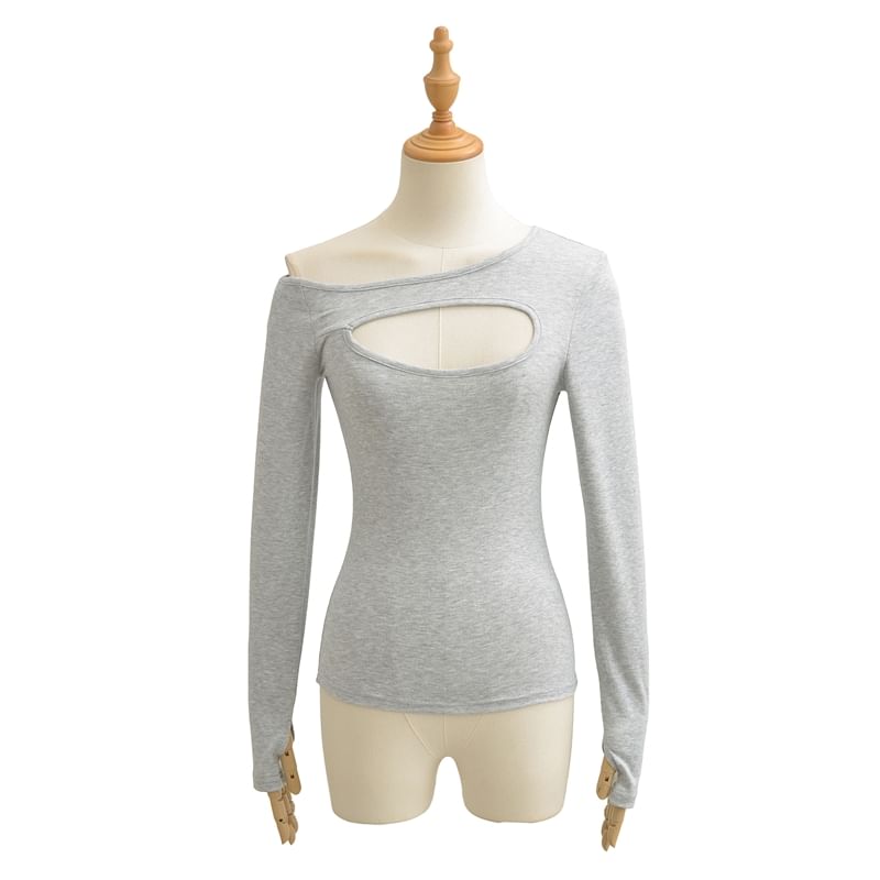 One-Shoulder Cutout Long Sleeve Plain Tee Shirt