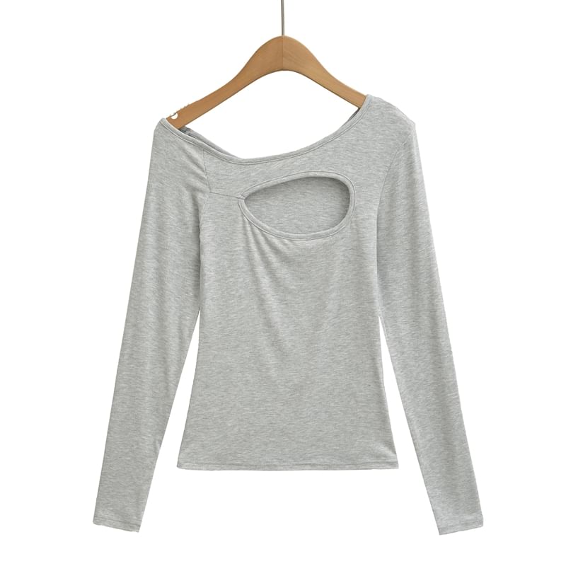 One-Shoulder Cutout Long Sleeve Plain Tee Shirt