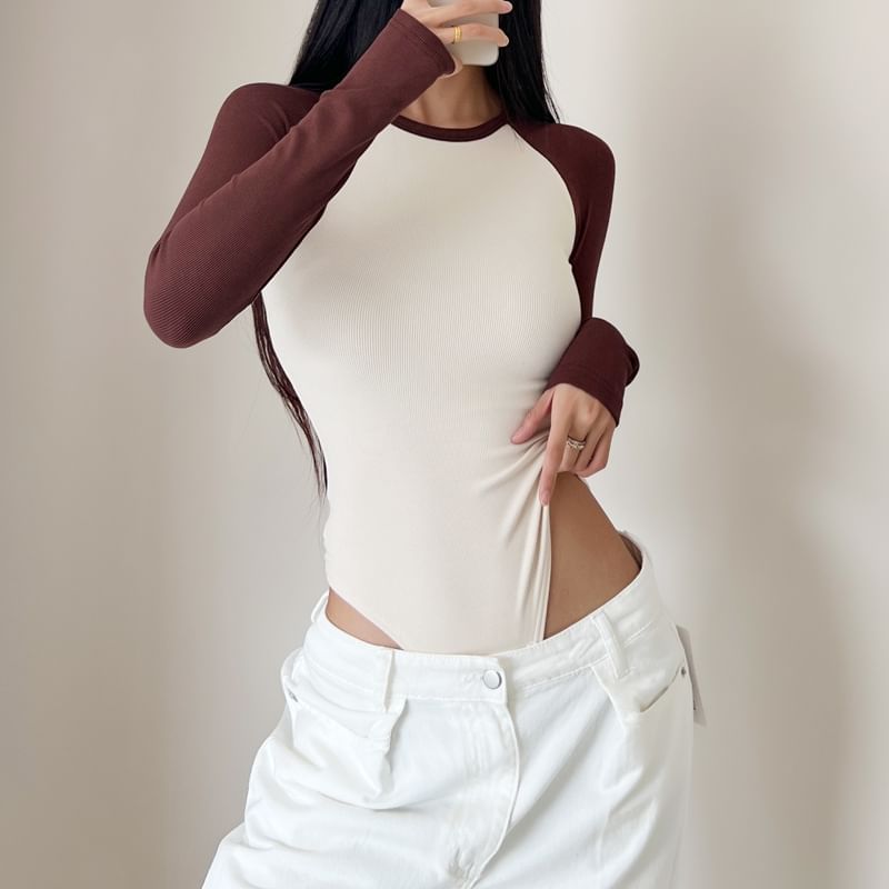 Raglan Round-Neck Long-Sleeve Bodysuit Top