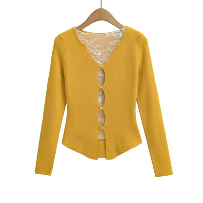 Boat-Neck Lace-Panel Long-Sleeve Solid Knit Top