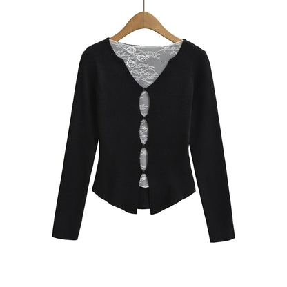 Boat-Neck Lace-Panel Long-Sleeve Solid Knit Top