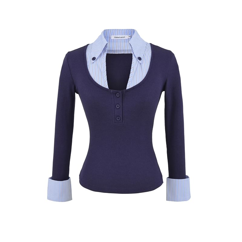 Striped Panel Mock-Layer Long-Sleeve Collared T-Shirt