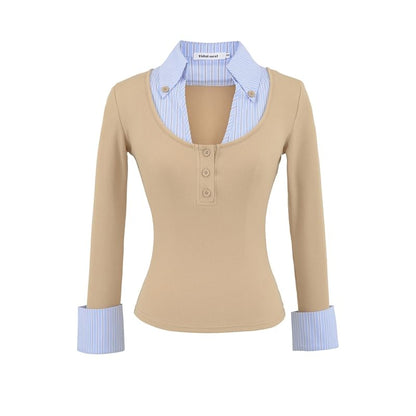 Striped Panel Mock-Layer Long-Sleeve Collared T-Shirt