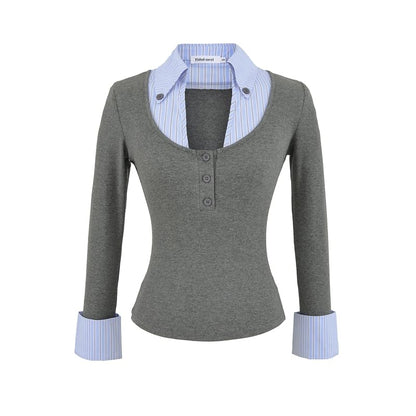 Striped Panel Mock-Layer Long-Sleeve Collared T-Shirt