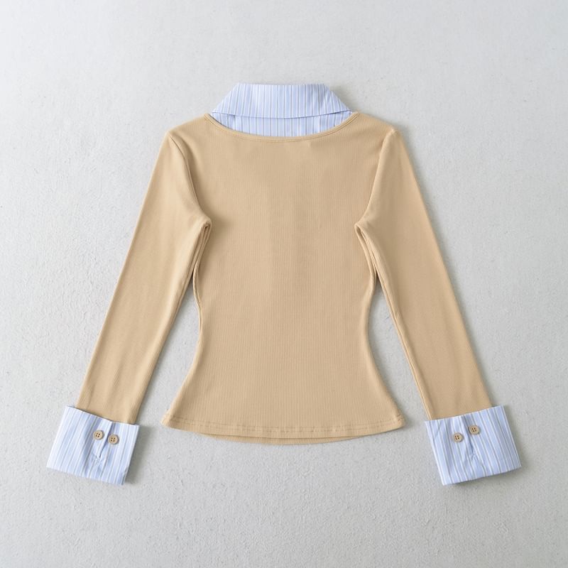 Striped Panel Mock-Layer Long-Sleeve Collared T-Shirt
