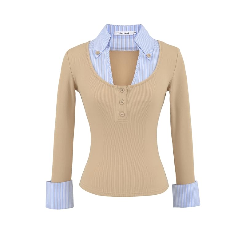 Striped Panel Mock-Layer Long-Sleeve Collared T-Shirt