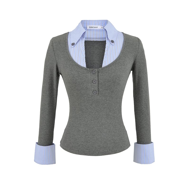 Striped Panel Mock-Layer Long-Sleeve Collared T-Shirt