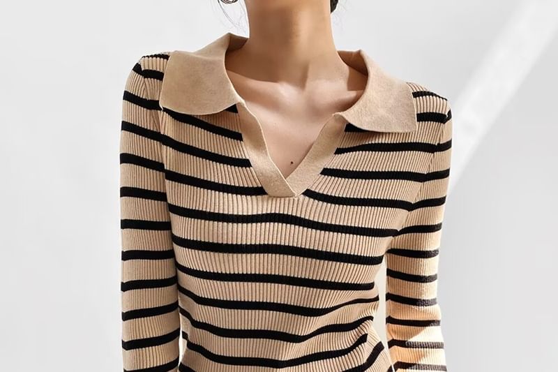 Striped Ribbed-Knit Collared Long-Sleeve Top