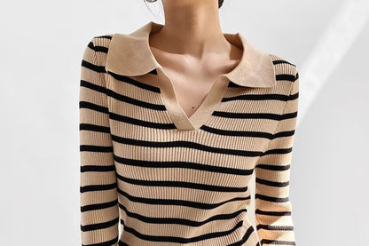 Striped Ribbed-Knit Collared Long-Sleeve Top