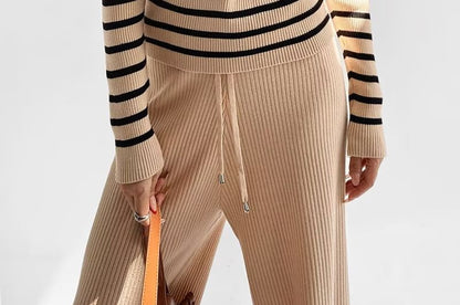 Striped Ribbed-Knit Collared Long-Sleeve Top