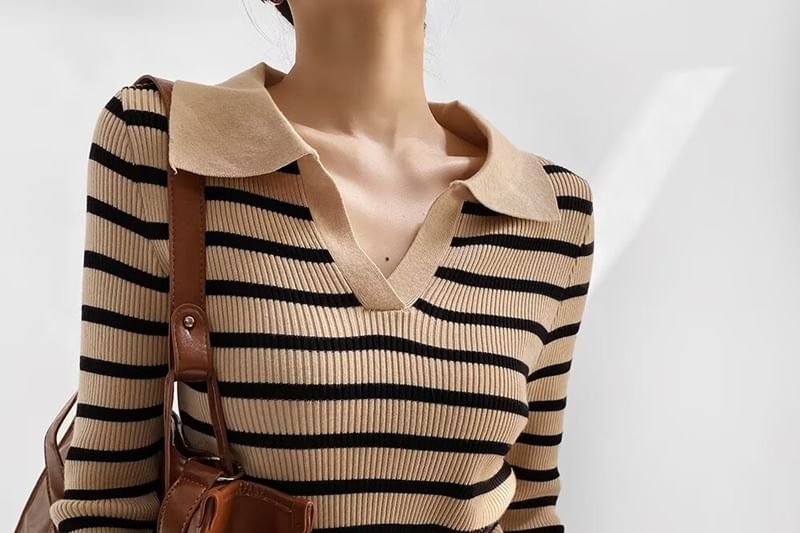 Striped Ribbed-Knit Collared Long-Sleeve Top