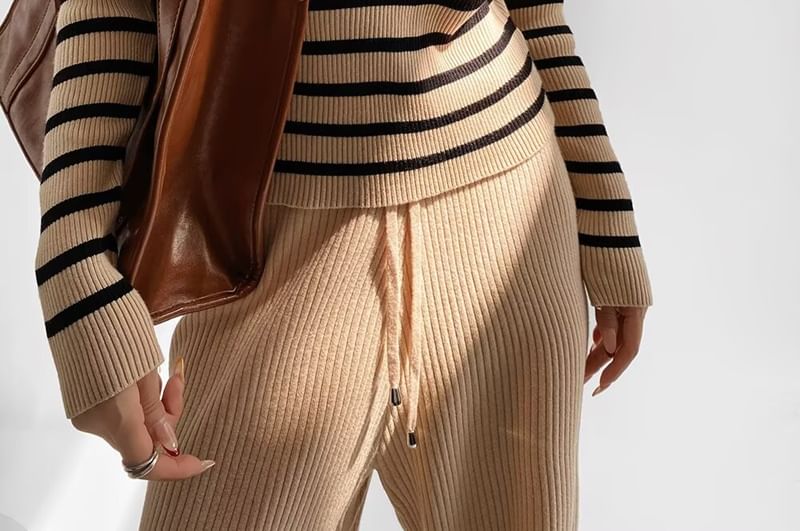 Striped Ribbed-Knit Collared Long-Sleeve Top