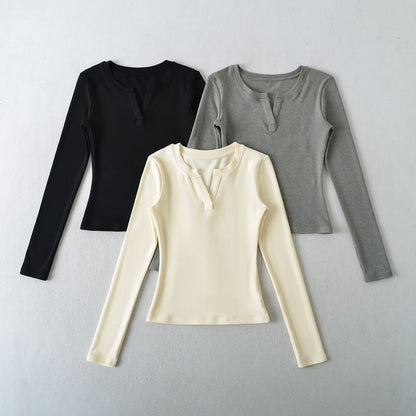 Notch-Neck Long-Sleeve Solid Basic Tee