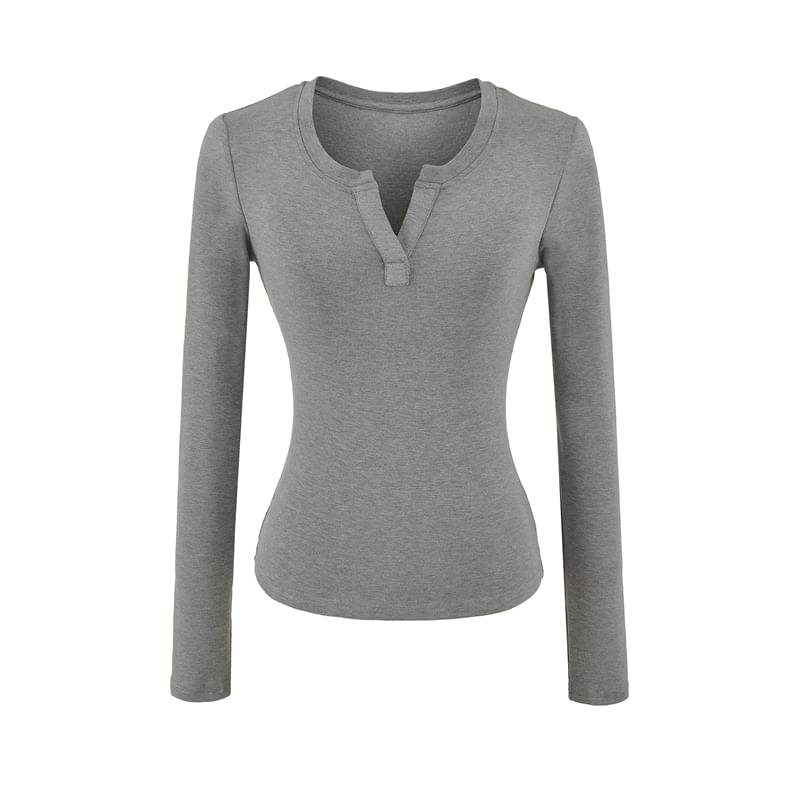 Notch-Neck Long-Sleeve Solid Basic Tee