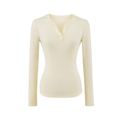 Notch-Neck Long-Sleeve Solid Basic Tee