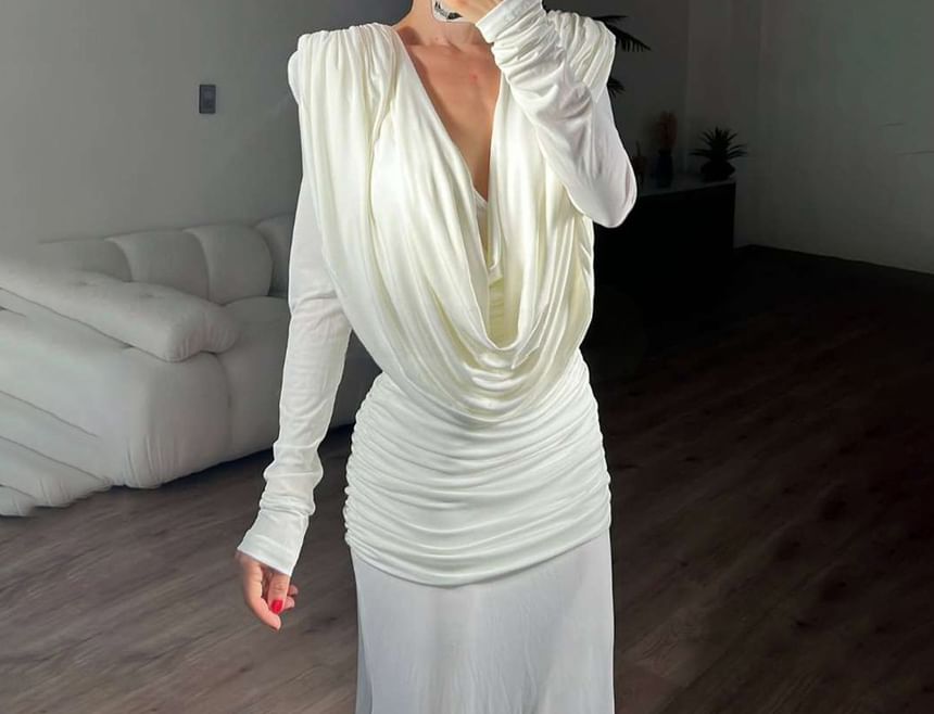 Long-Sleeve Cowl Neck Plain Open Back Maxi Sheath Dress