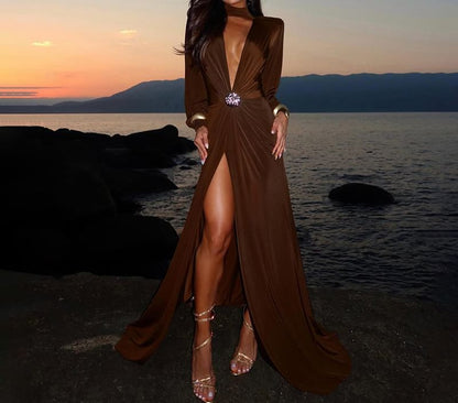 Long-Sleeve Deep V-Neck Plain Buckled Slit Maxi A-Line Dress