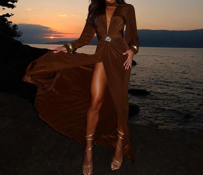 Long-Sleeve Deep V-Neck Plain Buckled Slit Maxi A-Line Dress