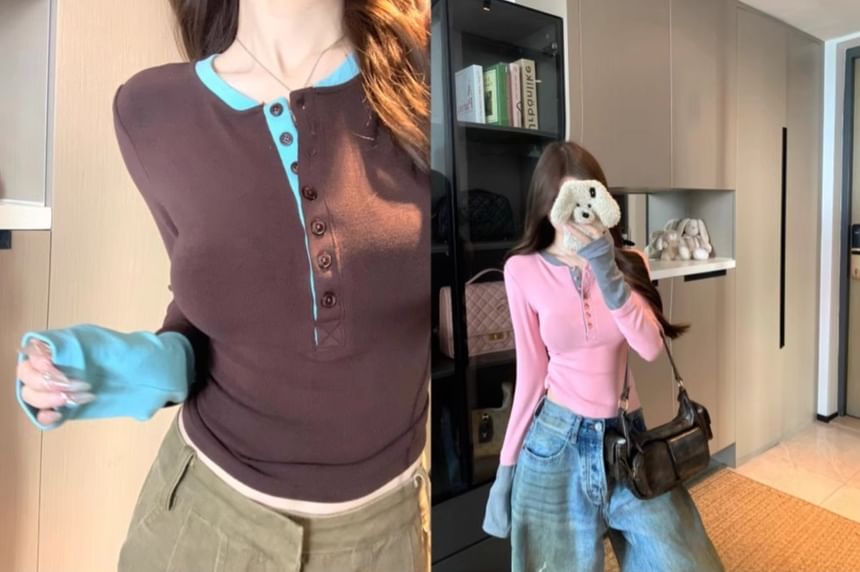 Slim-Fit Two-Tone Henley Tee with Mock Layered Long Sleeves
