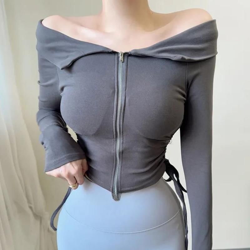 Off-the-Shoulder Zip-Up Top with Drawstring and Long Sleeves