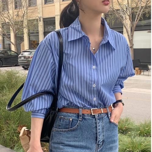 Collared Striped Long-Sleeve Button-Down Shirt