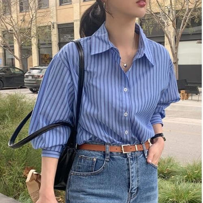 Collared Striped Long-Sleeve Button-Down Shirt
