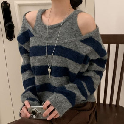 Striped Cold-Shoulder Mock-Layer Knitted Sweater