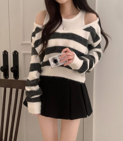 Striped Cold-Shoulder Mock-Layer Knitted Sweater