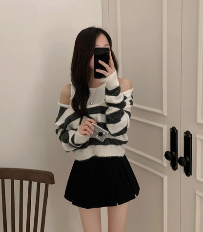 Striped Cold-Shoulder Mock-Layer Knitted Sweater